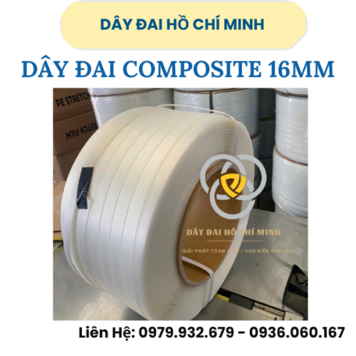 Dây đai composite 16mm có độ dài dây tới 600m, màu trắng là màu chủ yếu của dây. được tạo nên từ sợi polyester nguyên bản. Lh 0979932679