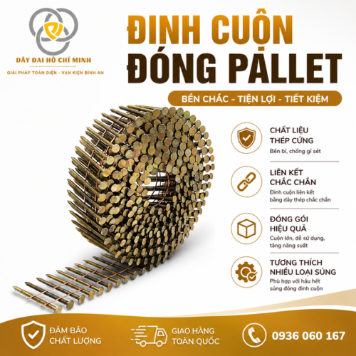 Đinh cuộn đóng pallet dạng cuộn, liên kết bằng dây thép, thiết kế phù hợp cho súng bắn đinh cuộn. Đinh có độ cứng cao, giúp cố định chắc các thanh gỗ khi sản xuất pallet, thùng gỗ và kiện gỗ đóng hàng.
