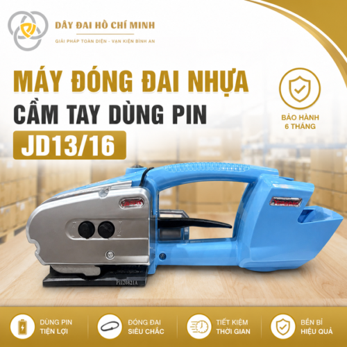 Máy đóng đai nhựa cầm tay dùng pin JD13/16 chuyên dùng cho dây đai PP và PET 13–16mm. Thiết kế nhỏ gọn, dễ thao tác, phù hợp đóng kiện hàng nhanh chóng.