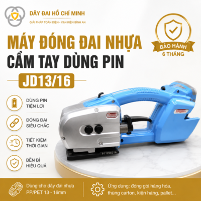 Máy đóng đai nhựa cầm tay dùng pin JD13/16 chuyên dùng cho dây đai PP và PET 13–16mm, thiết kế nhỏ gọn, dễ thao tác.