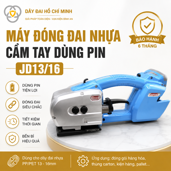Máy đóng đai nhựa cầm tay dùng pin JD13/16 chuyên dùng cho dây đai PP và PET 13–16mm, thiết kế nhỏ gọn, dễ thao tác.