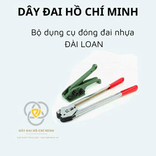 Công cụ đóng đai nhựa PET PP 13mm–19mm Đài Loan gồm kìm siết và kìm bấm khóa, dùng đóng gói hàng hóa chắc chắn trong kho xưởng và pallet.