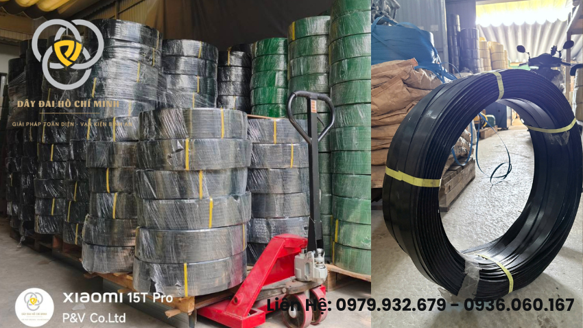 Dây đai nhựa PET màu đen 16mm siêu bền dùng để bó hàng pallet và vật liệu xây dựng.