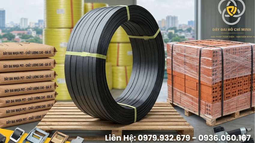 Dây đai nhựa PET đen 16mm – Độ bền vượt trội, chịu tải cực lớn cho các ngành công nghiệp nặng.