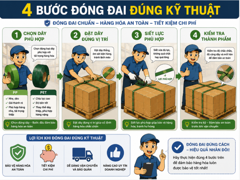4 bước đóng đai đúng kỹ thuật giúp hàng hóa an toàn hơn khi vận chuyển, hạn chế bung đai và nâng cao hiệu quả đóng gói.