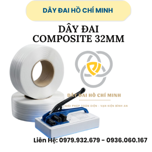 Dây đai Composite 32mm được sản xuất từ sợi polyester cao cấp phủ lớp nhựa bảo vệ, giúp tăng độ bền và khả năng chịu tải lớn trong quá trình vận chuyển hàng hóa.