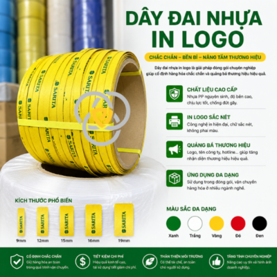 Dây đai nhựa PP in logo sắc nét, bền đẹp, hỗ trợ quảng bá thương hiệu hiệu quả trong quá trình vận chuyển hàng hóa.