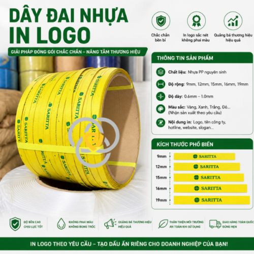 dây đai nhựa in logo màu vàng chất lượng cao