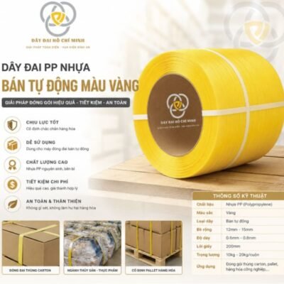 Dây đai PP nhựa bán tự động màu vàng chất lượng cao, chịu lực tốt, dùng cho máy đóng đai bán tự động, phù hợp đóng gói thùng carton, pallet và hàng hóa công nghiệp.