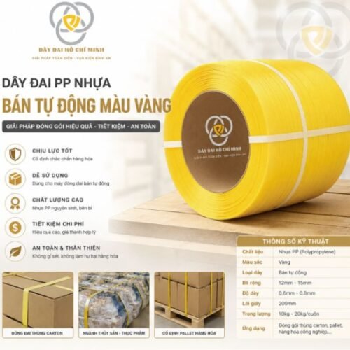 Dây đai PP nhựa bán tự động màu vàng chất lượng cao, chịu lực tốt, dùng cho máy đóng đai bán tự động, phù hợp đóng gói thùng carton, pallet và hàng hóa công nghiệp.