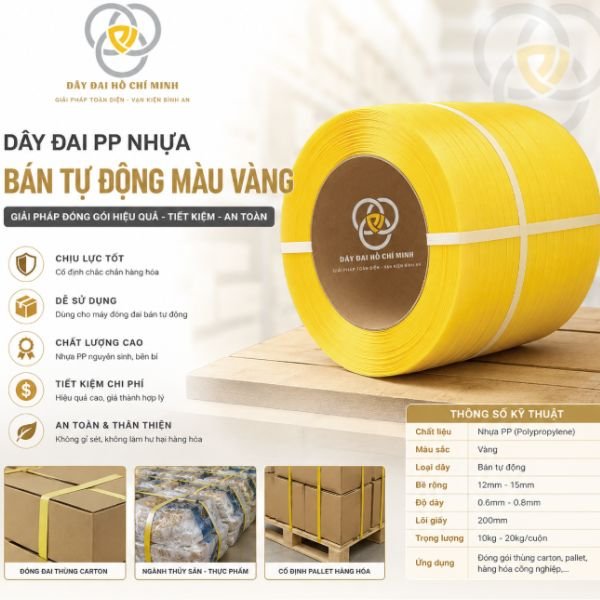 Dây đai PP nhựa bán tự động màu vàng chất lượng cao, chịu lực tốt, dùng cho máy đóng đai bán tự động, phù hợp đóng gói thùng carton, pallet và hàng hóa công nghiệp.