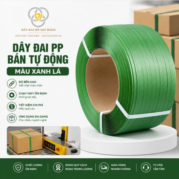 Dây đai nhựa PP màu xanh lá 20kg siết chắc, bề mặt đẹp, vận hành ổn định trên máy bán tự động, phù hợp nhiều ngành nghề sản xuất.