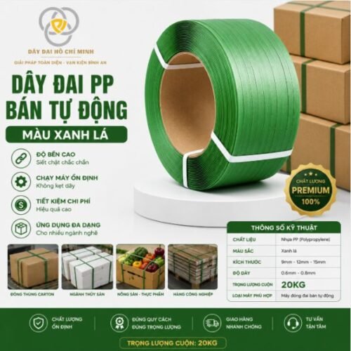 Dây đai PP xanh lá 20kg chuyên dùng cho máy đóng đai bán tự động, độ bền cao, ít kẹt dây, giúp tối ưu chi phí và nâng cao hiệu quả đóng gói.