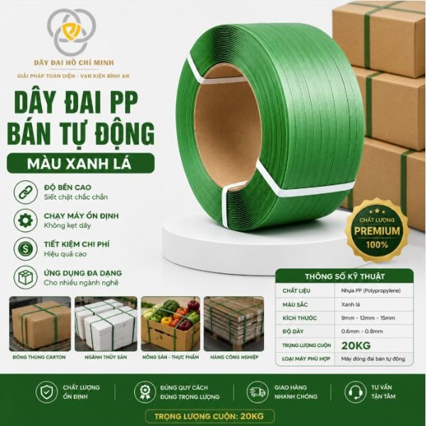 Dây đai PP xanh lá 20kg chuyên dùng cho máy đóng đai bán tự động, độ bền cao, ít kẹt dây, giúp tối ưu chi phí và nâng cao hiệu quả đóng gói.