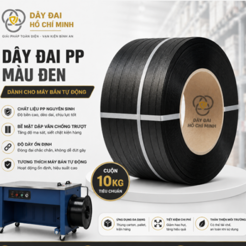 Dây đai PP màu đen cuộn 10kg chuyên dùng cho máy đóng đai bán tự động. Sản phẩm có độ bền cao, bề mặt dập vân chống trượt, siết chặt kiện hàng chắc chắn, phù hợp đóng gói thùng carton, hàng hóa công nghiệp và pallet.