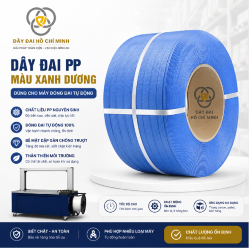 Dây đai PP màu xanh dương chuyên dùng cho máy đóng đai tự động, sản xuất từ hạt nhựa PP chất lượng cao, độ bền tốt, vận hành ổn định, phù hợp đóng gói thùng carton, pallet và hàng hóa công nghiệp.
