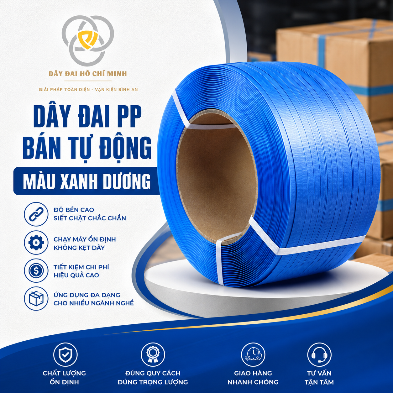 Dây đai PP bán tự động màu xanh dương chất lượng cao, chuyên dùng cho máy đóng đai bán tự động. Dây siết chặt chắc chắn, chạy máy ổn định, phù hợp đóng carton, thủy sản và nhiều ngành công nghiệp đóng gói.
