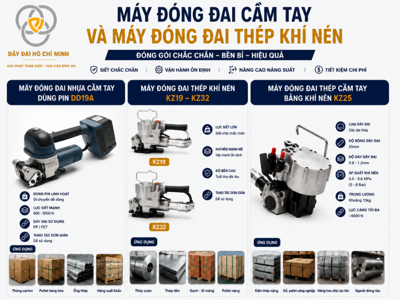 Hình ảnh máy đóng đai cầm tay DD19A, máy đóng đai thép khí nén KZ25 và máy đóng đai thép cầm tay A333 giúp doanh nghiệp đóng gói pallet, thép và hàng hóa công nghiệp nhanh chóng, chắc chắn và chuyên nghiệp.
