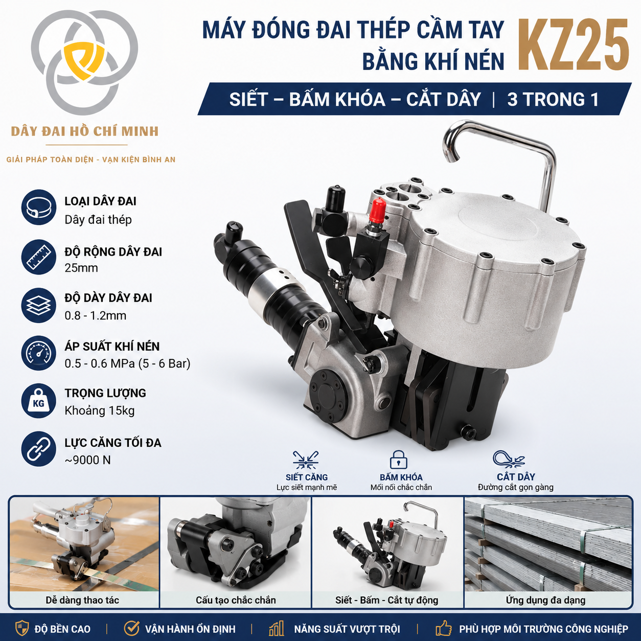 Máy đóng đai thép khí nén KZ25 25mm tích hợp siết – bấm – cắt, lực căng lớn, phù hợp đóng gói thép, pallet và hàng công nghiệp nặng.