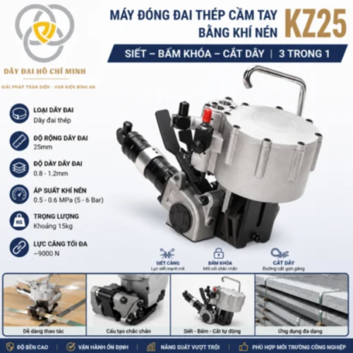 Máy đóng đai thép khí nén KZ25 25mm tích hợp siết – bấm – cắt, lực căng lớn, phù hợp đóng gói thép, pallet và hàng công nghiệp nặng.