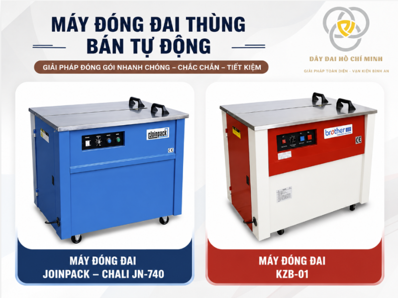 Hình ảnh máy đóng đai thùng bán tự động Joinpack – Chali JN-740 và KZB-01 giúp doanh nghiệp đóng gói thùng carton nhanh chóng, chắc chắn và tiết kiệm chi phí trong sản xuất và vận chuyển.