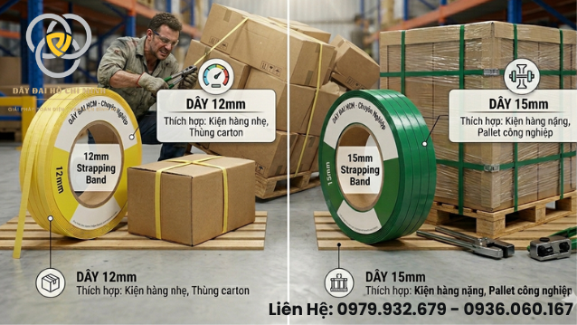 Nên dùng dây đai 12mm hay 15mm? So sánh khả năng chịu lực, ứng dụng thực tế và cách chọn đúng loại dây đai cho pallet và hàng hóa công nghiệp.
