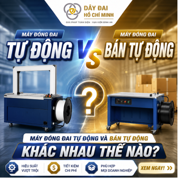 Tìm hiểu sự khác nhau giữa máy đóng đai tự động và máy đóng đai bán tự động về tốc độ, hiệu suất, chi phí đầu tư và ứng dụng thực tế trong từng ngành nghề.