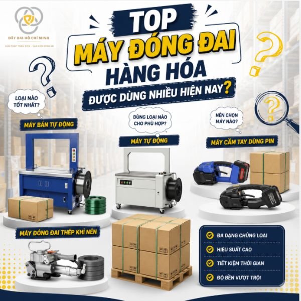 Bạn đang phân vân nên chọn loại máy đóng đai nào cho nhu cầu đóng gói hàng hóa? Hình ảnh trên tổng hợp những dòng máy đóng đai được sử dụng phổ biến nhất hiện nay gồm: máy đóng đai bán tự động, máy đóng đai tự động, máy đóng đai cầm tay dùng pin và máy đóng đai thép khí nén. Mỗi loại máy đều có ưu điểm riêng, phù hợp với từng quy mô sản xuất, kho vận và ngành nghề khác nhau. Máy đóng đai bán tự động phù hợp với doanh nghiệp vừa và nhỏ, chi phí đầu tư hợp lý. Máy đóng đai tự động giúp tăng năng suất, tiết kiệm nhân công trong các dây chuyền sản xuất lớn. Máy đóng đai cầm tay dùng pin mang lại sự linh hoạt khi đóng gói hàng hóa kích thước lớn hoặc ngoài hiện trường. Trong khi đó, máy đóng đai thép khí nén là lựa chọn tối ưu cho các kiện hàng nặng, ngành thép, gỗ và vật liệu xây dựng. Dây Đai Hồ Chí Minh cung cấp đa dạng các dòng máy đóng đai chính hãng, chất lượng cao, đáp ứng nhu cầu đóng gói chuyên nghiệp của doanh nghiệp trên toàn quốc.