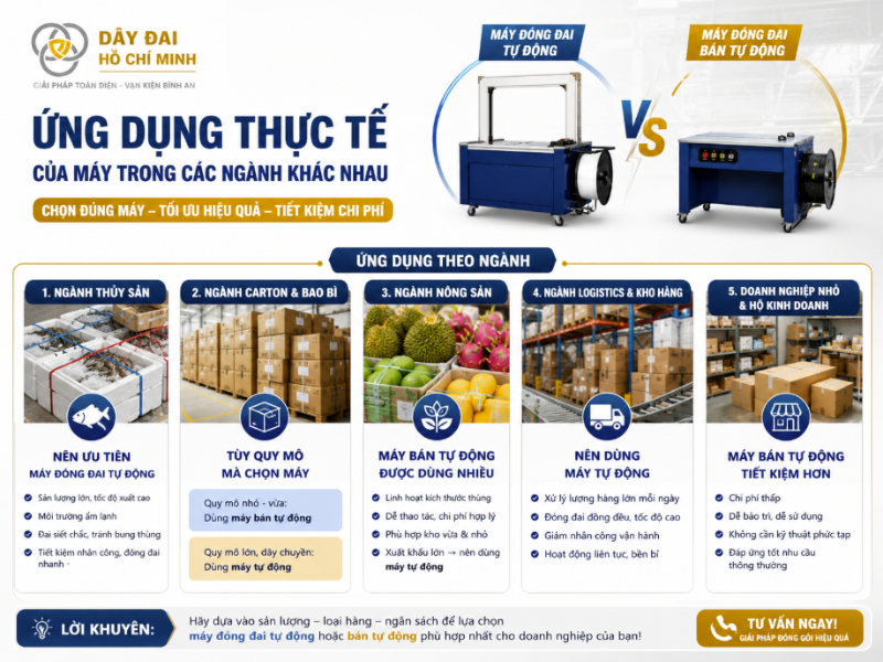 Ứng dụng thực tế của máy đóng đai tự động và máy đóng đai bán tự động trong ngành thủy sản, carton, bao bì, nông sản, logistics và kho hàng. Tìm hiểu cách lựa chọn máy đóng đai phù hợp theo quy mô sản xuất, sản lượng đóng gói và ngân sách đầu tư.