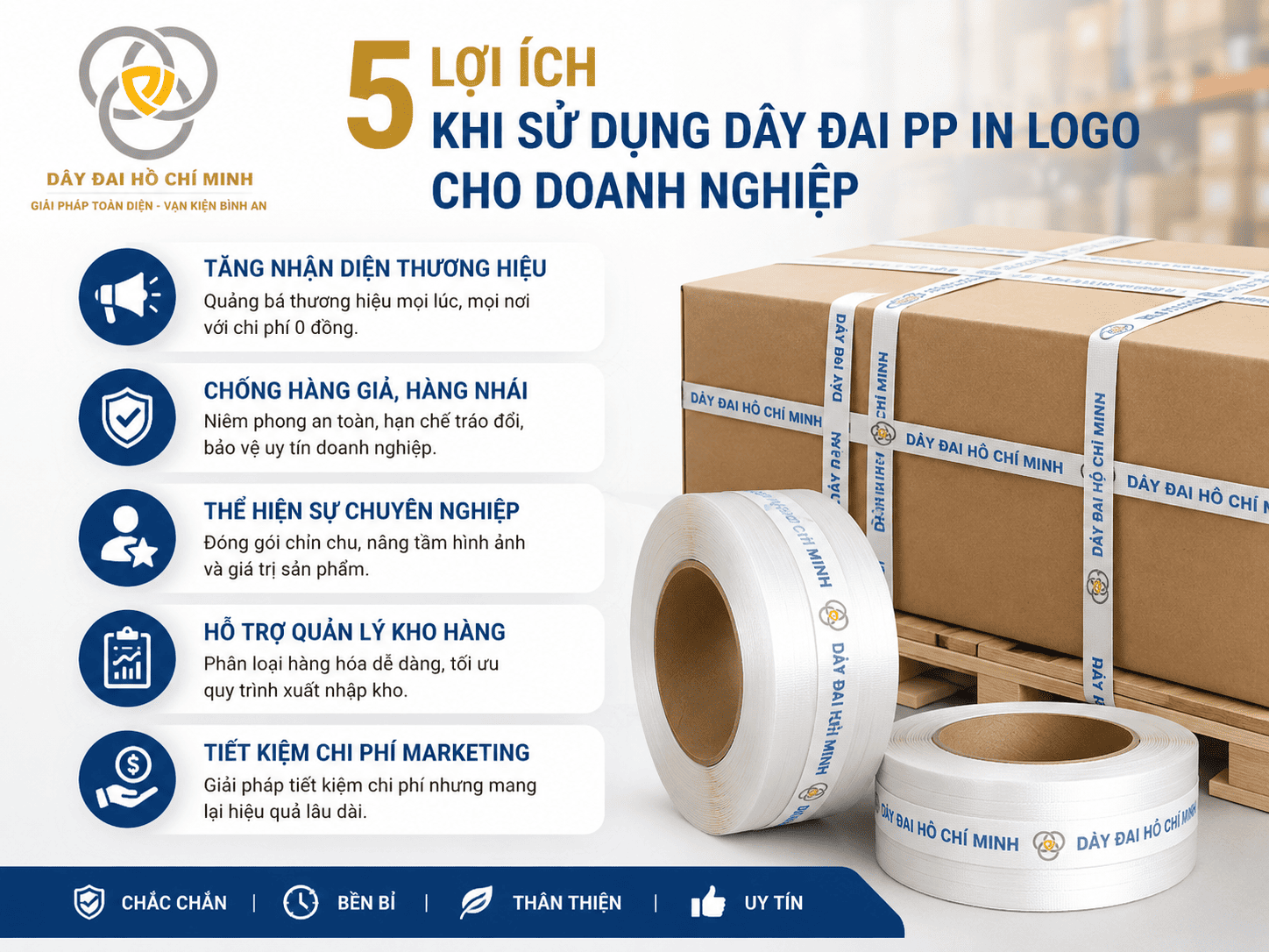 Hình ảnh dây đai PP in logo giúp tăng nhận diện thương hiệu, chống hàng giả và nâng cao tính chuyên nghiệp cho doanh nghiệp.