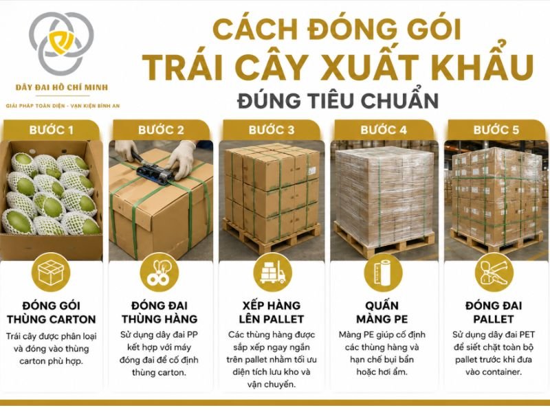 Tìm hiểu quy trình đóng gói trái cây xuất khẩu đúng tiêu chuẩn với 5 bước quan trọng: đóng gói carton, đóng đai PP, xếp pallet, quấn màng PE và đóng đai PET. Giải pháp giúp bảo vệ hàng hóa, tối ưu vận chuyển và nâng cao chất lượng xuất khẩu.