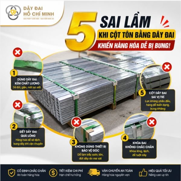 Tìm hiểu 5 sai lầm phổ biến khi cột tôn bằng dây đai khiến hàng hóa dễ bị bung, xô lệch và hư hỏng trong quá trình vận chuyển. Bài viết giúp bạn lựa chọn đúng loại dây đai, kỹ thuật siết đai và phương pháp đóng gói tôn an toàn, hiệu quả.