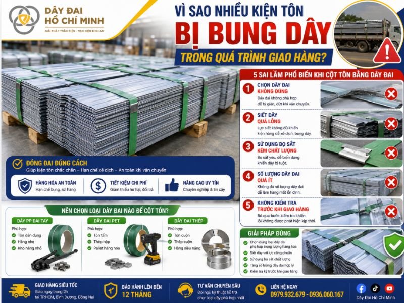 Kiện tôn được đóng đai bằng dây PET và dây PP, minh họa các nguyên nhân khiến dây đai bị bung trong quá trình vận chuyển hàng hóa.
