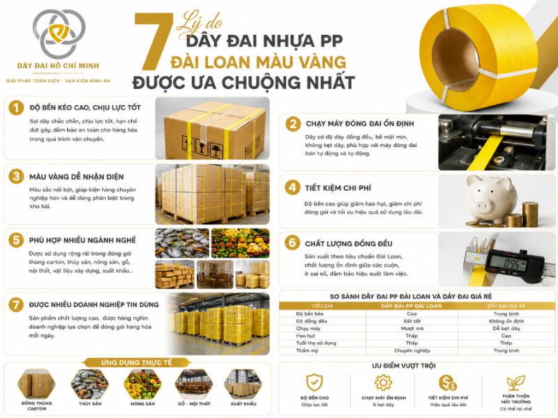 Hình ảnh minh họa cuộn dây đai nhựa PP Đài Loan màu vàng chất lượng cao cùng 7 ưu điểm nổi bật gồm độ bền cao, chạy máy ổn định, dễ nhận diện, tiết kiệm chi phí, ứng dụng đa ngành, chất lượng đồng đều và được nhiều doanh nghiệp tin dùng. Đây là loại dây đai chuyên dụng cho đóng gói thùng carton, pallet hàng hóa, nông sản, thủy sản và hàng xuất khẩu.