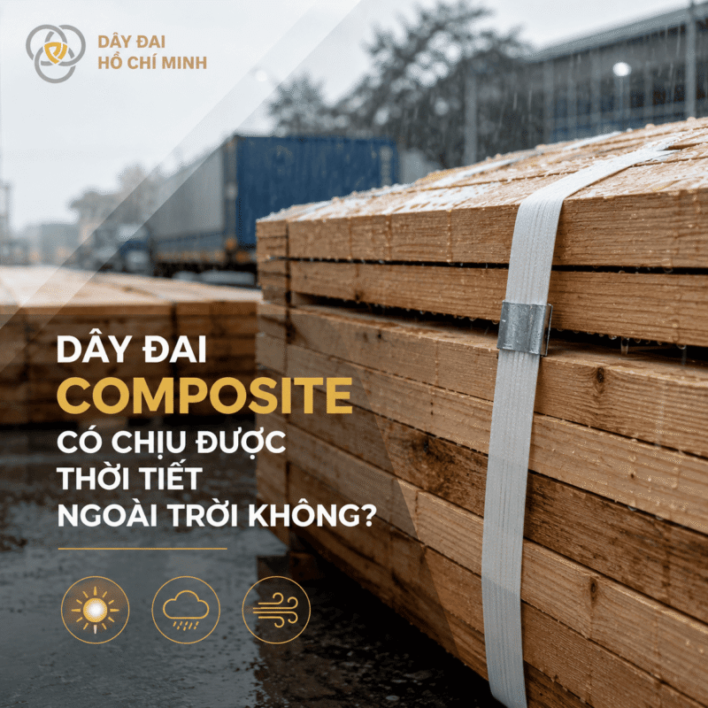 Dây đai Composite có chịu được thời tiết ngoài trời không? Hình ảnh dây đai Composite cố định kiện gỗ ngoài trời trong điều kiện mưa nắng.