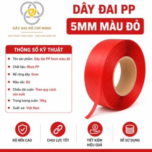Dây đai PP 5mm màu đỏ chất lượng cao, sản xuất từ nhựa PP bền chắc, chịu lực tốt, phù hợp đóng gói hàng hóa nhẹ, văn phòng phẩm, thực phẩm và nhiều ngành công nghiệp khác. Giá tốt, giao hàng toàn quốc.