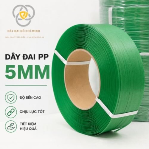 Dây đai PP 5mm màu xanh lá bền chắc, chịu lực tốt, chuyên dùng đóng gói thùng carton, trái cây xuất khẩu và hàng hóa với chi phí tiết kiệm.