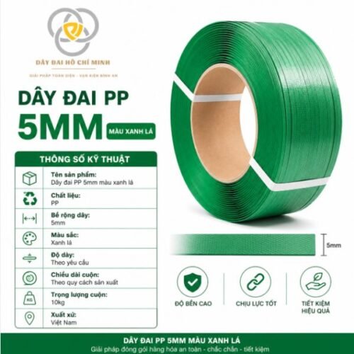 Thông số kỹ thuật dây đai PP 5mm màu xanh lá, chất liệu nhựa PP, trọng lượng 10kg, độ bền cao, chịu lực tốt, sản xuất tại Việt Nam.