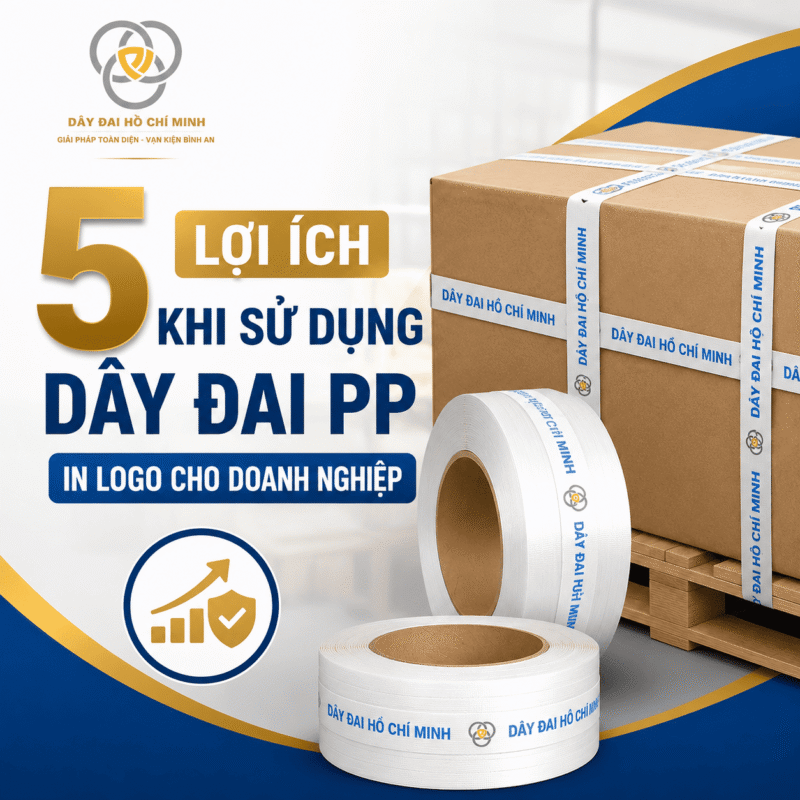 Hình ảnh minh họa dây đai PP in logo giúp tăng nhận diện thương hiệu, nâng cao tính chuyên nghiệp và bảo vệ hàng hóa cho doanh nghiệp.