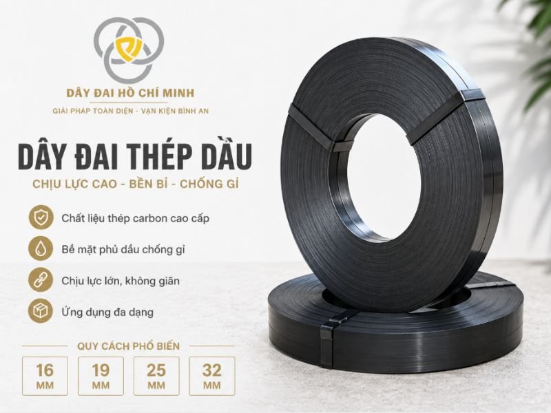 Dây đai thép dầu là giải pháp đóng gói chuyên dụng dành cho các ngành công nghiệp nặng như thép, cơ khí, gỗ và vật liệu xây dựng. Sản phẩm được phủ lớp dầu chống oxy hóa giúp hạn chế rỉ sét trong quá trình lưu kho và vận chuyển. Với khả năng chịu lực kéo lớn, dây đai thép dầu giúp cố định kiện hàng chắc chắn, giảm thiểu rủi ro hư hỏng và đảm bảo an toàn trong quá trình vận chuyển. Dây đai Hồ Chí Minh cung cấp đa dạng quy cách dây đai thép dầu chất lượng cao, đáp ứng mọi nhu cầu đóng gói công nghiệp.