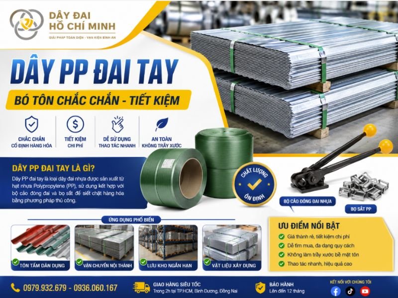 Dây PP đai tay là giải pháp đóng gói tôn dân dụng tiết kiệm chi phí, dễ sử dụng và an toàn. Kết hợp bộ cảo đóng đai cùng bọ sắt giúp cố định bó tôn chắc chắn, hạn chế trầy xước và thuận tiện cho quá trình vận chuyển, lưu kho.