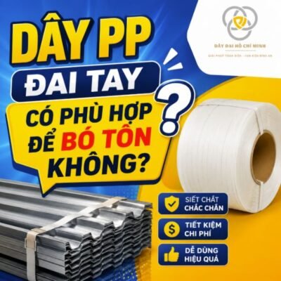 Dây PP đai tay có phù hợp để bó tôn không? Hình ảnh minh họa ứng dụng dây đai nhựa PP kết hợp bộ cảo đóng đai để cố định bó tôn, tôn tấm và vật liệu xây dựng. Giải pháp đóng gói tiết kiệm, dễ sử dụng và phổ biến hiện nay.