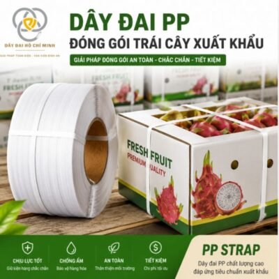 Dây đai PP đóng gói trái cây xuất khẩu giúp cố định thùng carton chắc chắn, chống bung hàng khi vận chuyển. Phù hợp cho thanh long, sầu riêng, xoài, chuối và các loại nông sản xuất khẩu.
