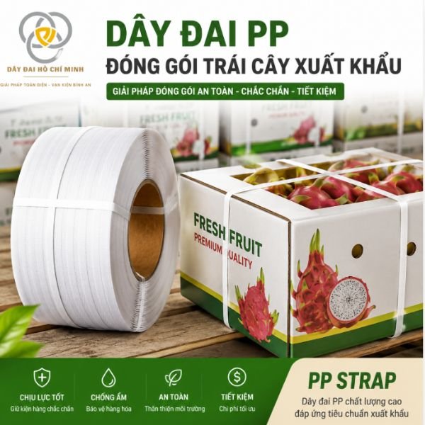Dây đai PP đóng gói trái cây xuất khẩu giúp cố định thùng carton chắc chắn, chống bung hàng khi vận chuyển. Phù hợp cho thanh long, sầu riêng, xoài, chuối và các loại nông sản xuất khẩu.
