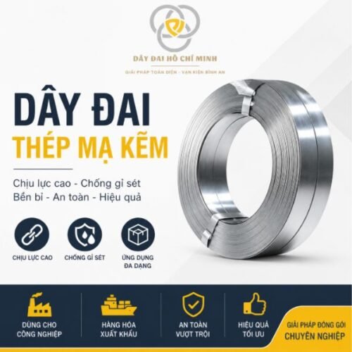 Dây đai thép mạ kẽm chịu lực cao, chống gỉ hiệu quả, phù hợp đóng pallet, container và hàng hóa nặng trong công nghiệp.