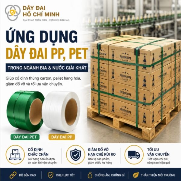 Ứng dụng của dây đai PP, PET trong ngành bia và nước giải khát giúp cố định thùng carton, pallet hàng hóa, giảm đổ vỡ và tối ưu vận chuyển hiệu quả.