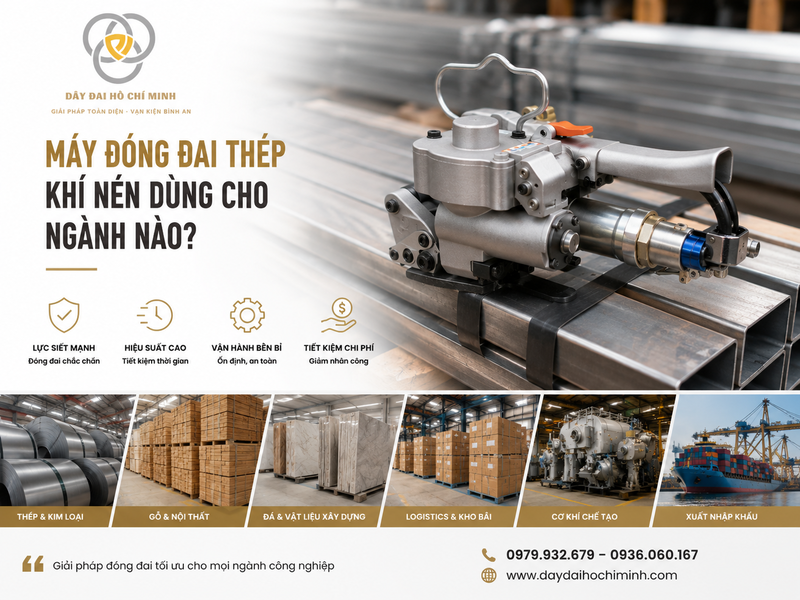 Máy đóng đai thép khí nén dùng cho ngành thép, gỗ, đá, logistics, cơ khí và xuất khẩu.