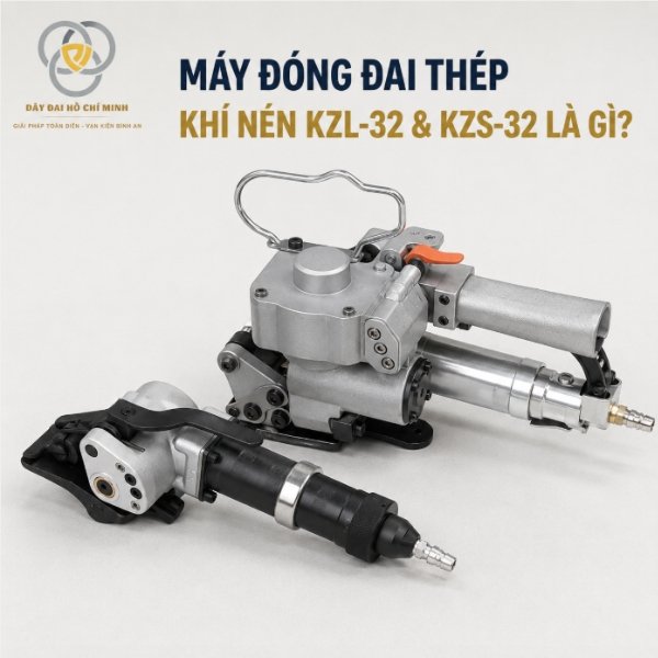 Máy đóng đai thép khí nén KZL-32 và KZS-32 chuyên dùng siết và kẹp dây đai thép 32mm cho hàng hóa nặng, thép cuộn và pallet công nghiệp.