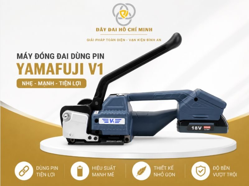 Yamafuji V1 là máy đóng đai cầm tay dùng pin có độ bền cao, lực siết ổn định, phù hợp cho ngành giấy, logistics và hàng hóa xuất khẩu.