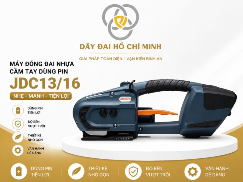 JDC13/16 là dòng máy đóng đai dùng pin hỗ trợ dây đai PET và PP từ 13mm đến 16mm, phù hợp ngành thủy sản, nông sản và bao bì carton.
